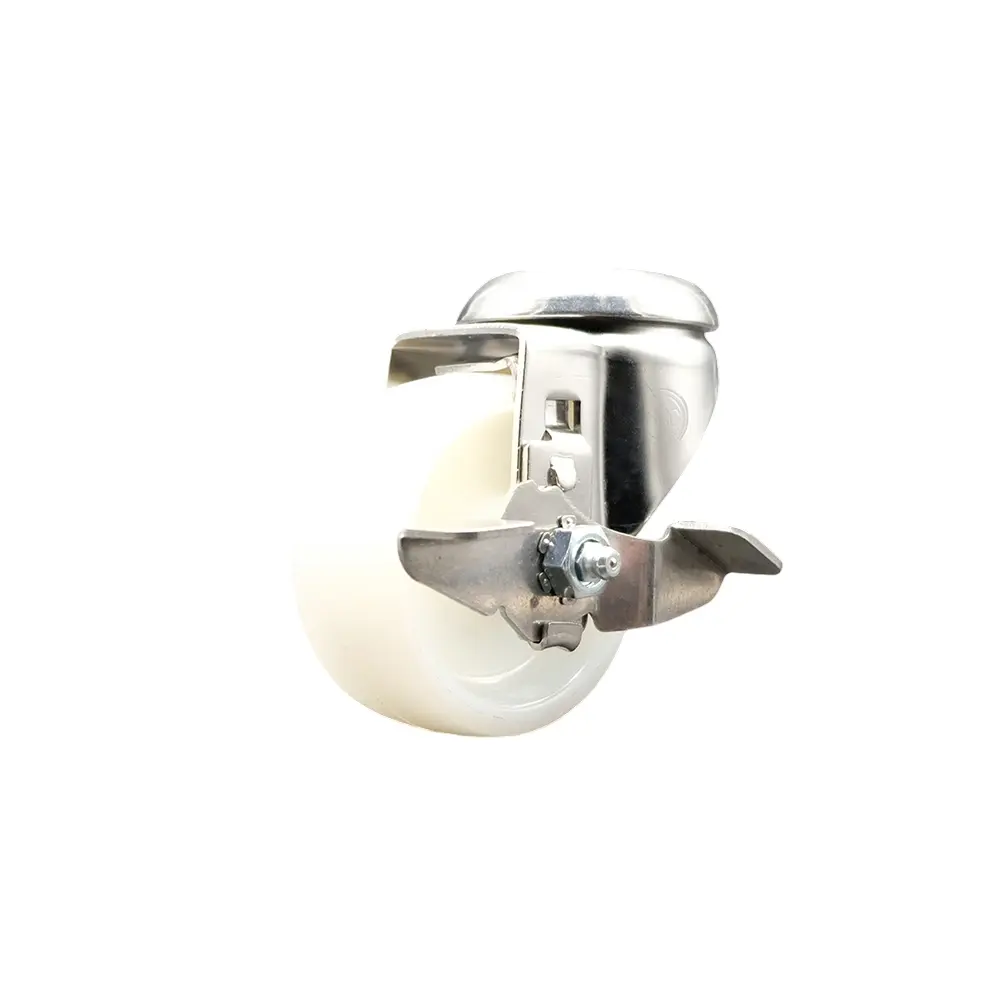 Service Caster SCC-SS316BH20S314-NYS-TLB Nylon Swivel Bolt Hole Caster with 3 in. White Caster Wheel & Top Lock Brake - 316 Stainless Steel Caster