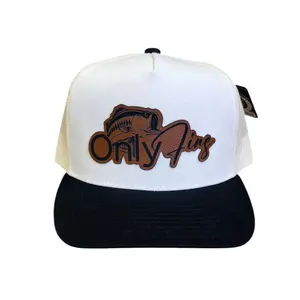 OnlyFins, Funny Trucker Hat - Two-Tone Leather Patch Design with Personalized Engraved Patch, Mesh Back for Breathability, Two-Tone Snap Back Fit