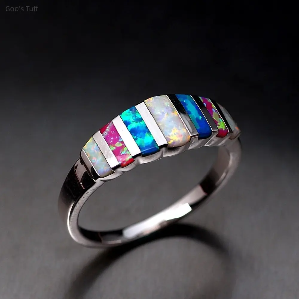 Women's Natural Australian Opal Ring - Dainty Lightweight Smooth Band, Elegant Exquisite Shiny Fashion Hand Jewelry, TikTok Viral Statement Piece for Daily Wear, Dating, Wedding Gift