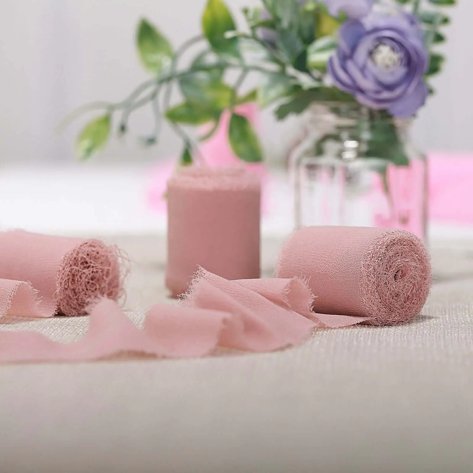Dusty Rose Silk-Like Chiffon Linen Ribbon Rolls (2 Pack, 6yd Each) - Bridal Bouquets, Invitation Cards, Decorations, DIY Crafts Gift Wrapping Office Supplies