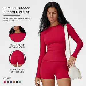 MFVIM Women's Exercise Set Two-Piece Long Sleeve Top with High-Waisted Shorts Set for Autumn and Winter Gym Workout Outfit Breathable Activewear sport