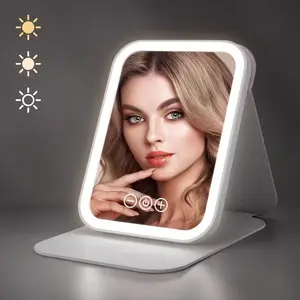 HOT sale Portable Lighted LED Makeup Mirror with 3 Color Lighting, Dimmable Touch Screen, Rechargeable USB-C, Foldable Tabletop Vanity Mirror, Dimmable Mirrors for Travel & Home Use, Makeup Vanity Desk, Modern Aesthetic, Sleek Design, High quality Glass