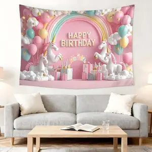 1pc "Unicorn Dreamland Happy Birthday Tapestry - Pastel Wall Fabric for Living Room, Bedroom, Study Decor - Perfect Gift Backdrop"