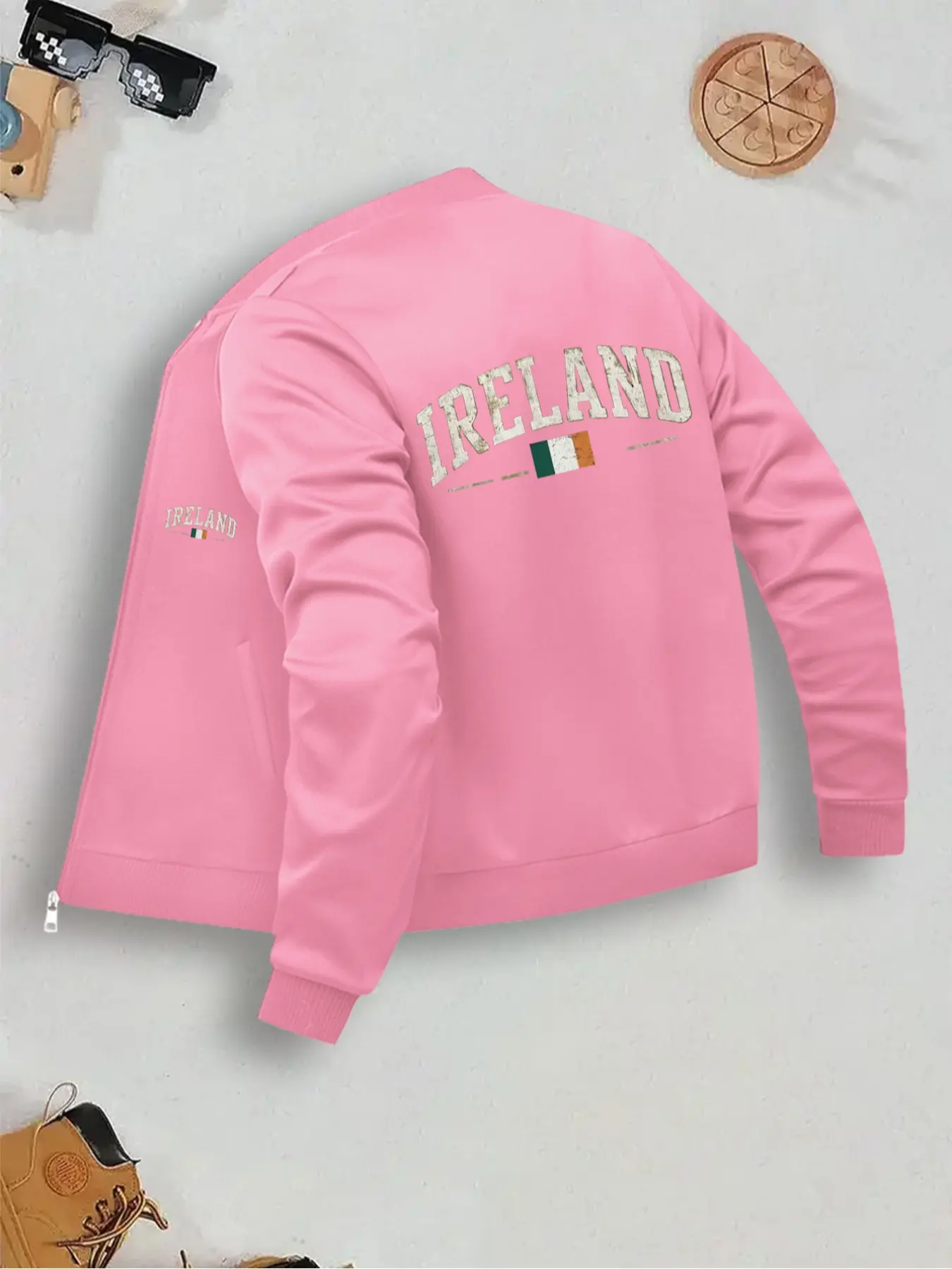 Women's Ireland Print Baseball Jacket, Casual Street Style Long Sleeve Coat, Fitted Design with Pockets, Fall & Winter Fashion