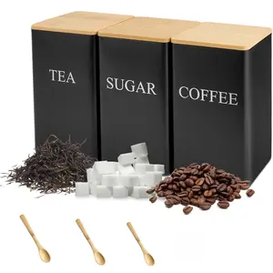 PrimPick 3 Pcs Tea Coffee Sugar Canisters, Black Metal Heavy Duty Canister Storage Jar Container Set, Food Storage With 3 Spoons, Rust Resistant Powder Coated Iron Caddies for Kitchen Worktop Organizer