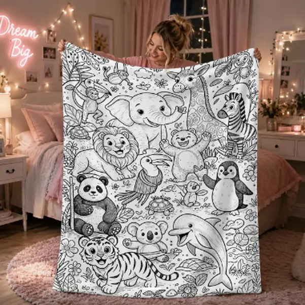 Flat Jungle Ocean Animal Line Art Flannel Throw Blanket, Coloring Book Style Soft All Season Blanket for Sofa Bed Nap Camping Travel, Machine Washable Cozy Bedding Gift for Kids Animal Lovers