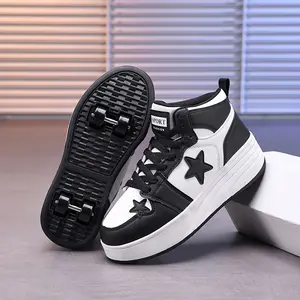 Black White Star High Top Wheeled Shoes for Kids, 4 Retractable Roller Skate Sneakers for Boys Girls, Fashion Skateboard Style Roller Skate Shoes Gift for Children Daily Play