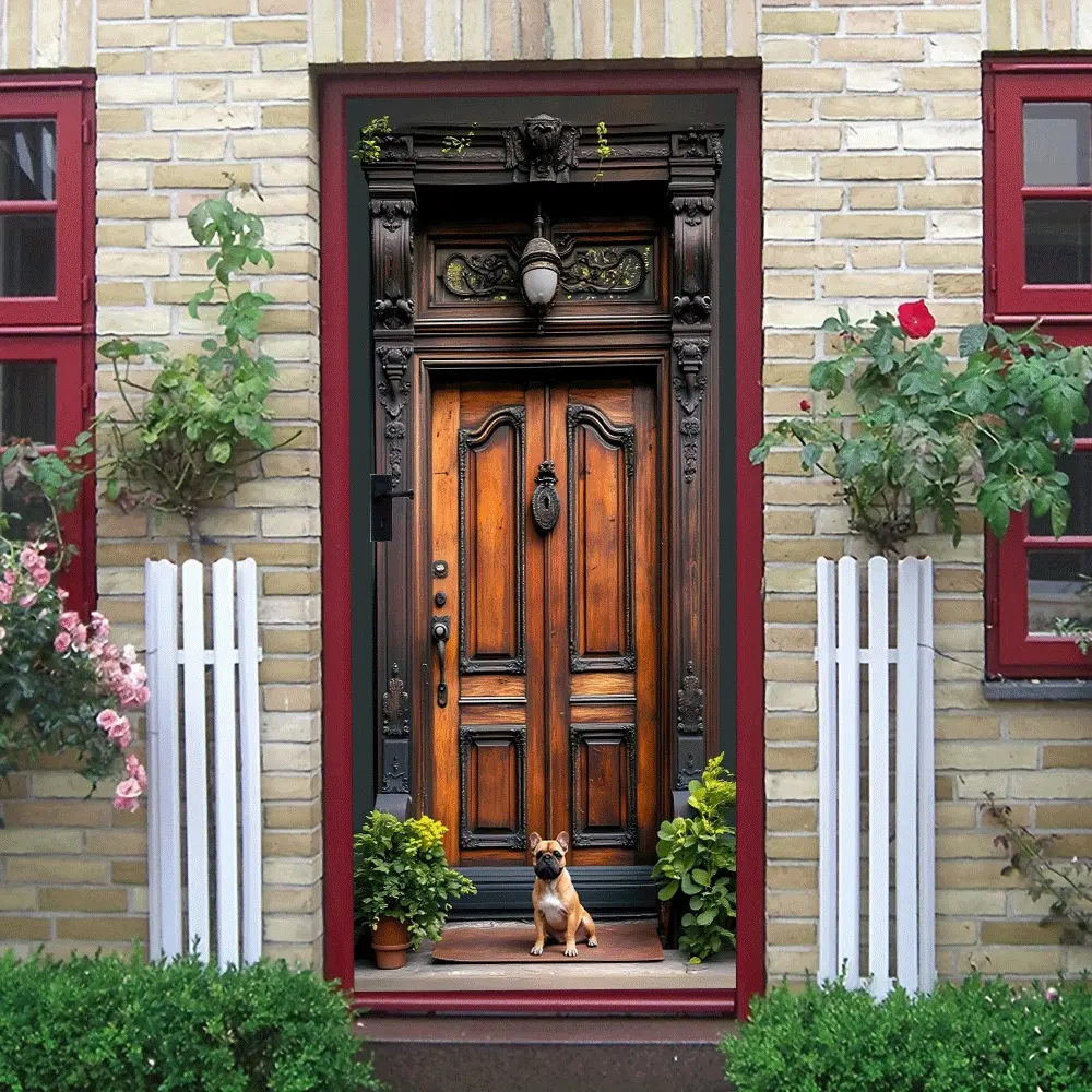 2pcs Vintage Wooden Carved Decorative Door Wallpaper Classical Relief Sticker Self Adhesive Removable PVC Material with French Bulldog Dog and Green Plant Pattern Home Decoration Mural Collage Self-Adhe