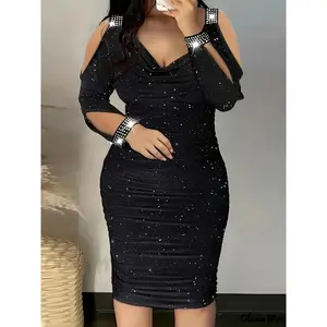 Size Black sequin V-neck dress, cold shoulder design, women's knitting, perfect choice for spring, summer and autumn activities, PlusSize casual fabric ordinary polyester women's, fashionable long sleeved