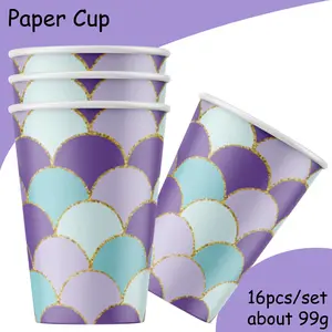 Mermaid Tail Disposable Paper Cups Set of 16, Party Supplies, Summer Pool Party, Wedding Picnic Birthday Decorations