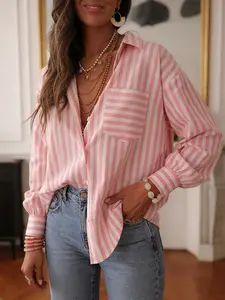 A women's pink and white striped patch pocket design, lantern sleeve Polo collar shirt top Blouse, suitable for spring and summer, suitable for daily attendance dating party.