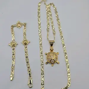 Turtles Fashion Set Necklace with Multi-Stones Pendant and Bracelet in Gold Color Plated - 7 Inches