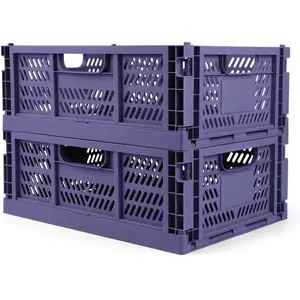 2-Pack Crates for Storage, Storage Crates Plastic Stackable, Foldable Crate for Office Home Kitchen Bedroom Bathroom (Large, Blue)