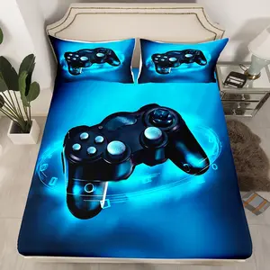 Gaming Bedding Set Bed Sheet Set Twin Full Size,Soft Microfiber Gamer Console Video Game Fitted Sheet,Game Room Decor Bed Cover with Pillow Case (Flat Sheet not Included), Blue Bed Sheets