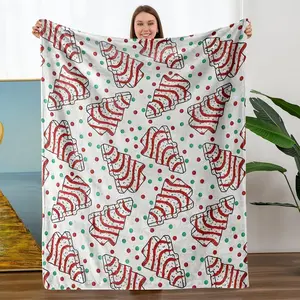 Cozy Christmas Flannel Blanket with Festive Tree Design, Soft Warm Plush Throw for Home Office Picnic Travel All Seasons Use