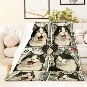 270G Flannel Cat Comic Blanket Cute Black and White Cat Cartoon Pattern Throw Blanket for Bedroom Sofa All-Season Soft Comfortable Skin-Friendly Breathable Office Nap Blanket Flannel Blankets Birthday Gift