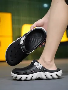 Men's Beige-Green Tech Clog Sandals, Light Cool Casual Style, Double-Layer Hollow Design + Adjustable Strap + Wave Platform Sole, Breathable & Refreshing, Light & Bouncy Fit , Ideal for Daily Home & Light Outdoor Outings