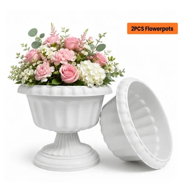 12 Inch Plastic Urn Planters, Stone Gray PP Resin Flower Pots with Pedestal Base, Lightweight Fluted Decorative Plant Pots for Porch, Patio, Garden, Entryway Decor