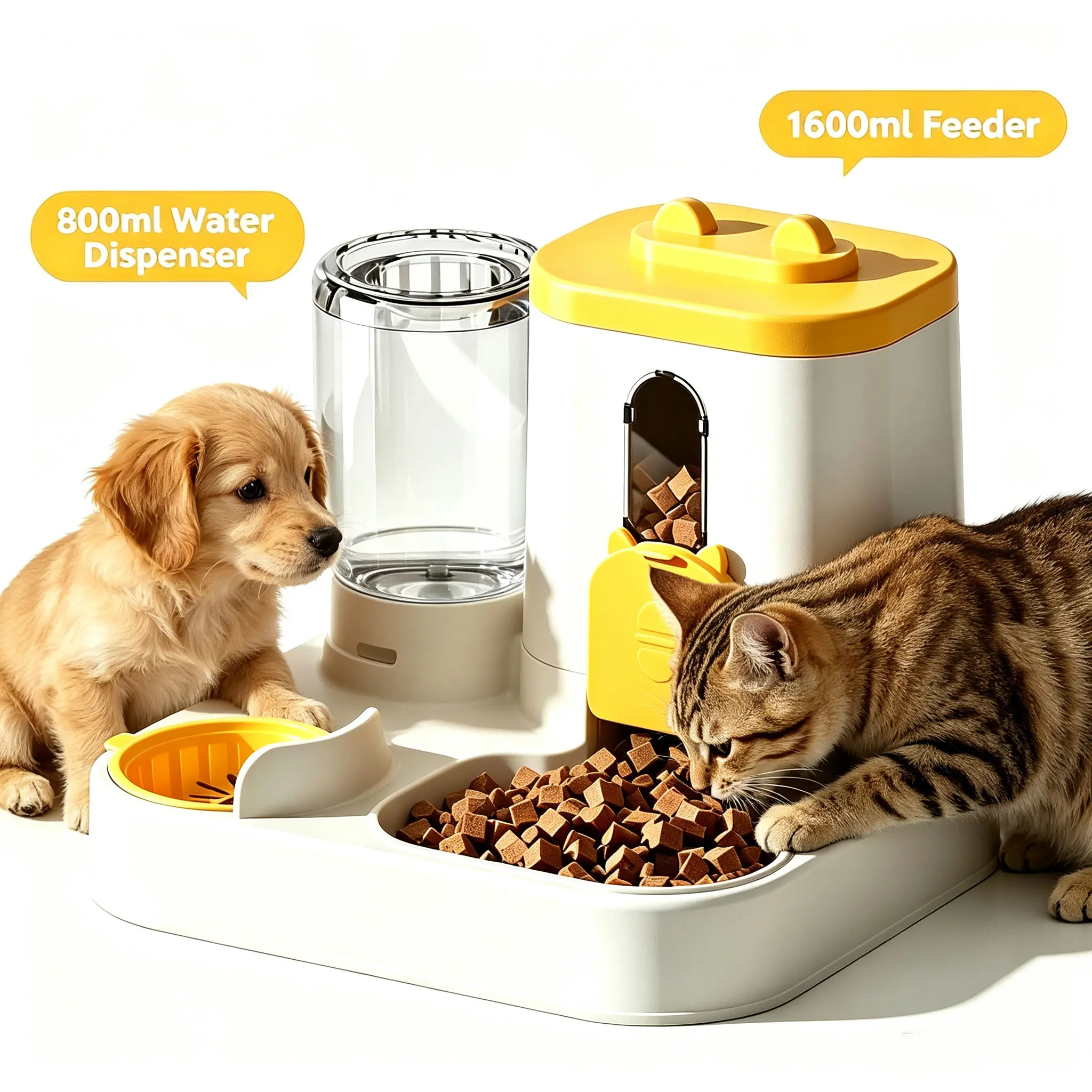2-in-1 Gravity Pet Feeder & Water Dispenser, 1600ml Food & 800ml Water Automatic Pet Bowls, Cat-Shaped Auto Feeding Station with Large Capacity, Detachable & Non-Slip Base for Cats, Puppies & Small Pets -- bowl medium breed slobber airtight goods tiktoksh