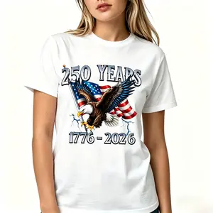 American Eagle Independence Day 250 Years T-Shirt, 1776-2026 Patriotic Flag & Bald Eagle Graphic, White Cotton Crewneck, National Events Celebration Casual Tee