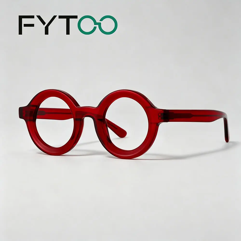 FYTOO Transparent Red Chunky Round Acetate Glasses, Bold Retro Statement Eyeglasses  1563-02