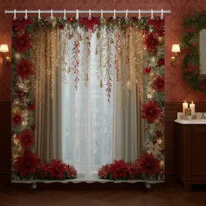 Christmas Series Bathroom Set, Plaid Toilet Cover Pad, Waterproof Shower Curtain, Non-Slip Mat, Bath Rug, 4-Piece Combo Pack