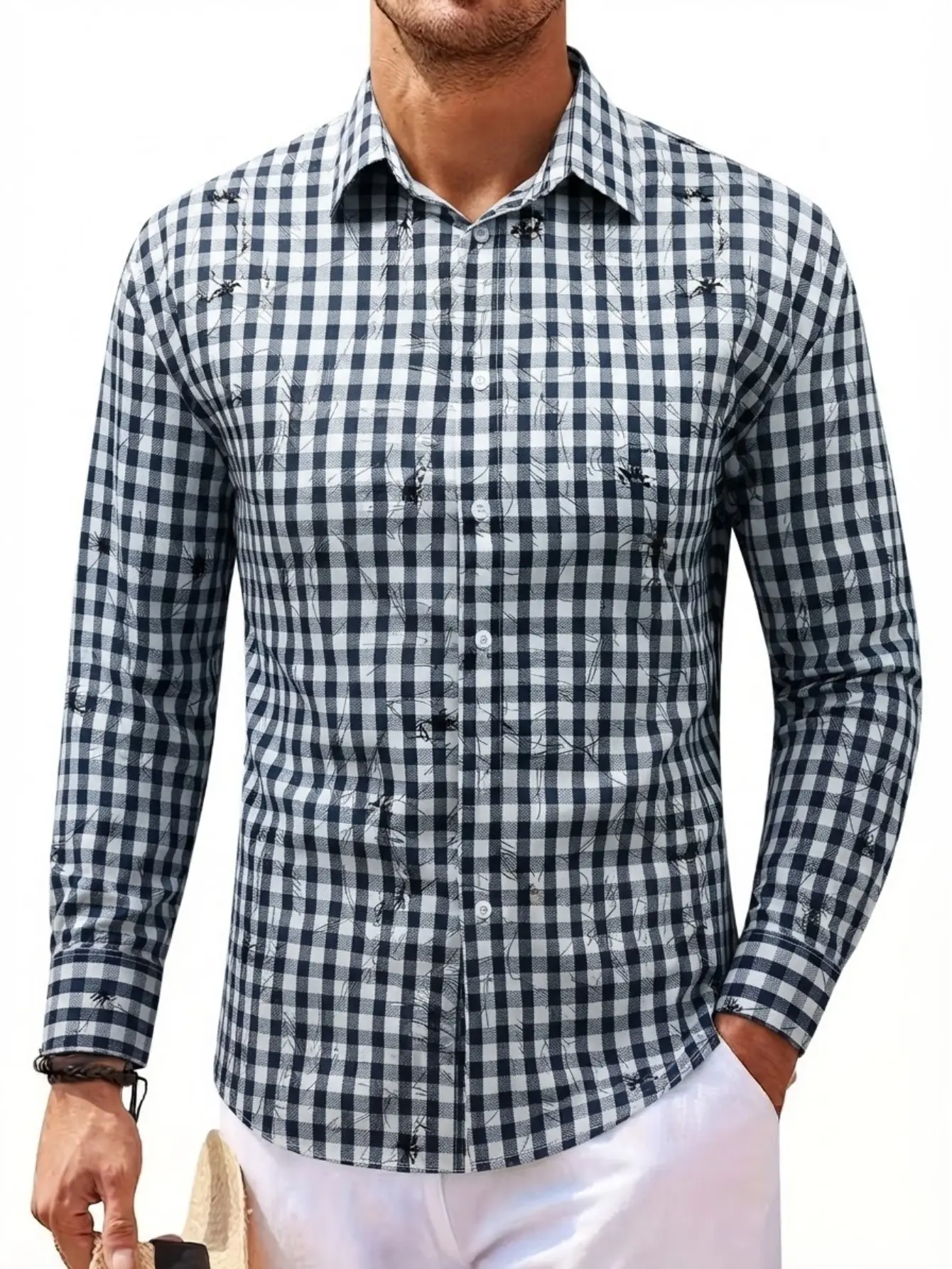 Men's Classic Checked Long-Sleeve Casual Slim-Fit Shirt, Menswear Tops with Plaid Floral Print and Turn-Down Collar