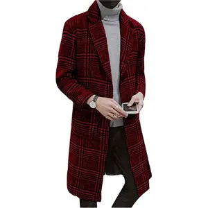 Mens Winter Trench Coat Notched Collar Single Breasted Plaid Mid Long Peacoat Overcoats with Pockets
