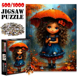 1pc 1000 piece adult puzzle 70x50cm Girl with Orange Umbrella in Rainy Autumn Scene 500 pieces of paper jigsaw puzzle, suitable for adults and families, large-scale DIY puzzle interactive toy games