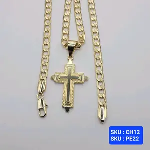 Cross  pendant with cuban link diamond style Chain 24 Inches 6 Millimeters Laminated Gold Jewelry for Men and Women