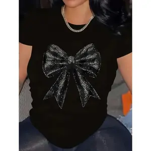 Sparkly Rhinestone Bow Graphic Tee Unisex Streetwear T Shirt Soft Stretch Short Sleeve Crewneck Going Out Party Night Out Casual Fit