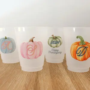 Hello Gifts Designs Personalized Initial Reusable Frosted Cups for Thanksgiving and Friendsgiving  Washable Drinkware 16oz sets for Parties and Gifts - Set of 5 Cups Pumpkin disposable tableware
