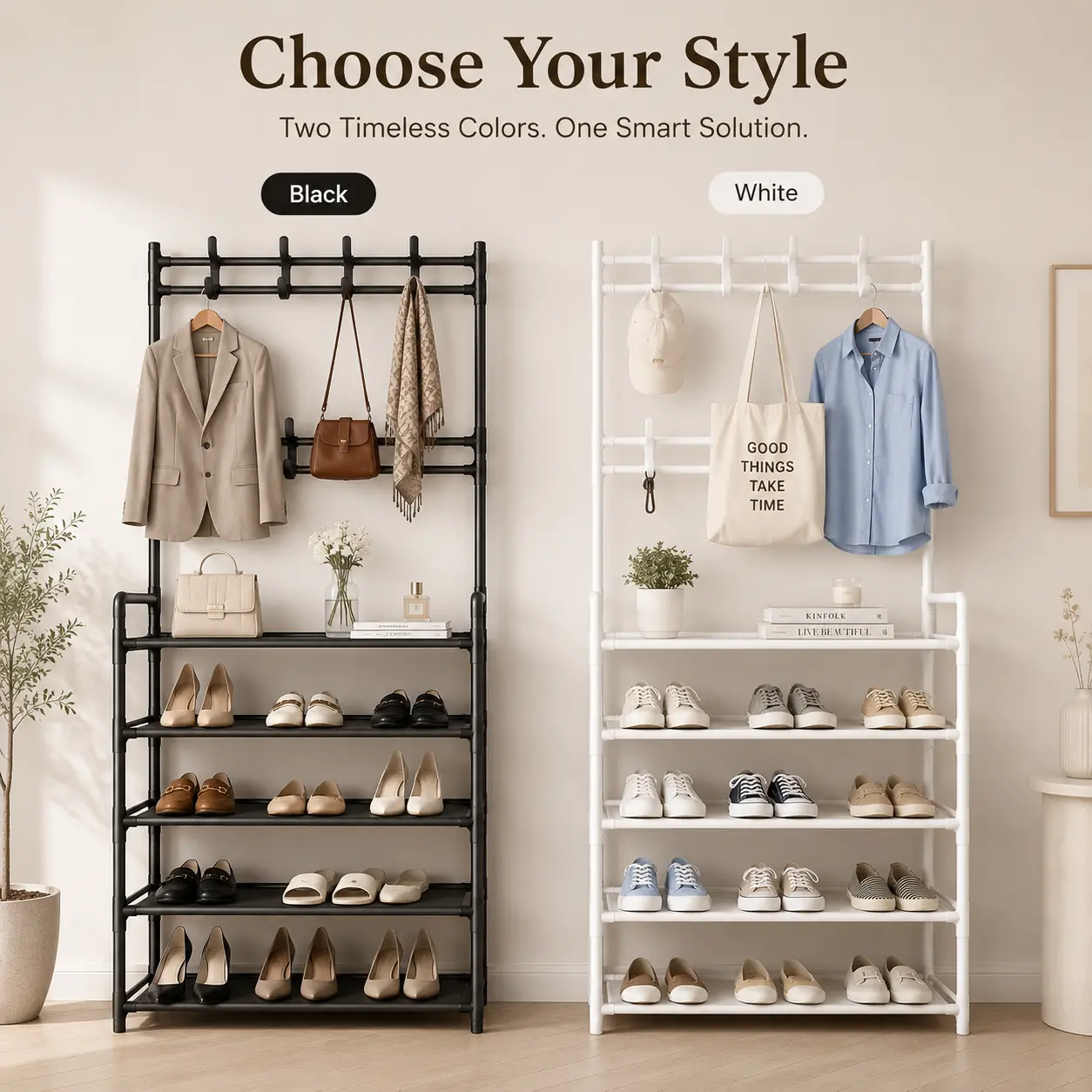 Modern Minimalist Floor-Standing Entryway Storage Rack Set - 5-Tier Double-Row Hanging Rack, Bag Holder, Double Compartments Room Storage Organizer for Coats, Hats, Shoes, Available in Black, White, Bag Holder Shoe Storage
