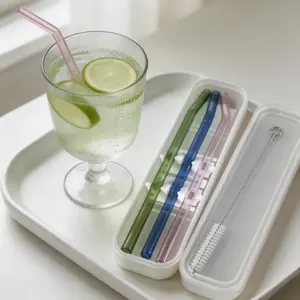 Reusable Colored Glass Straws Set, 3pcs Bent Straws with Case & Brush, Food-Grade High Borosilicate Glass, Eco-Friendly Dishwasher Safe