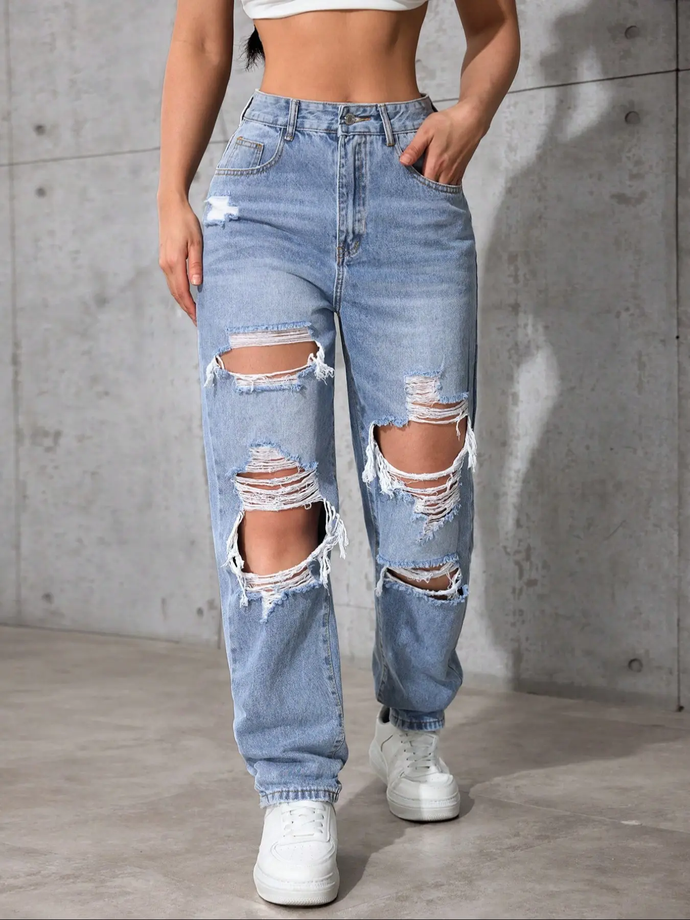 Women's High Waist Ripped Denim Jeans, Casual Design Jeans, Medium Wash Casual Fitted Long Pants, Plain Pattern, Zipper Fly, All Seasons Fashion, Pocket, Streetwear, Bottom