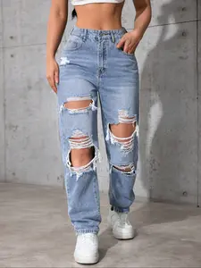 Women's High Waist Ripped Denim Jeans, Casual Fitted Long Pants, Plain Pattern, Zipper Fly, All Seasons Fashion