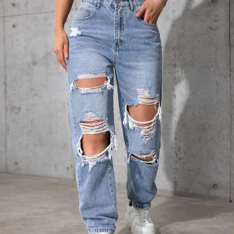 Women's High Waist Ripped Denim Jeans, Casual Design Jeans, Medium Wash Casual Fitted Long Pants, Plain Pattern, Zipper Fly, All Seasons Fashion, Pocket, Streetwear, Bottom