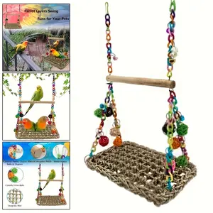 Deluxe Woven Parrot Perch Stand Swing Toy, Colorful Hammock with Chewing Balls, Hanging Rope, Bells, Cage Accessories, Easy Installation