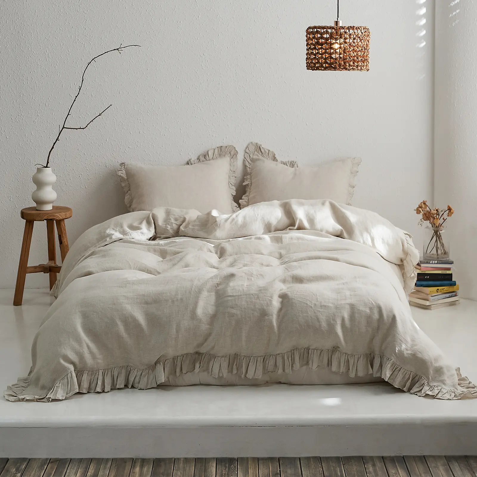 Simple&Opulence 100% Linen Duvet Cover Set, Natural French Flax Ruffle Duvet Cover, Breathable Comfy Linen Bedding Comforter Cover with Pillowcase,summerwins