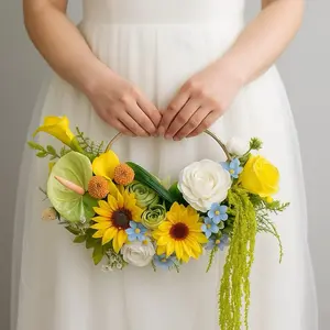 Sunflower & Yellow Rose Bridal Bouquet Purse Unique Wedding Hoop Arrangement with Keepsake Florals for Special Occasions