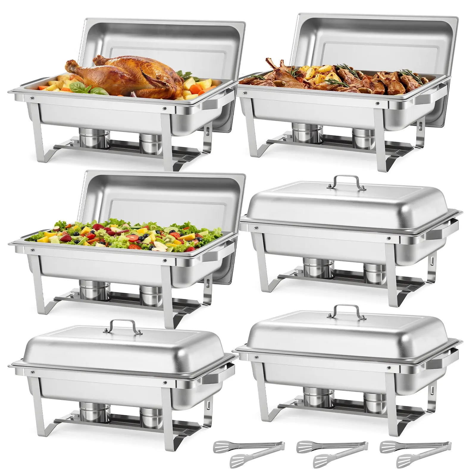 【Summerfinds】VEVOR Rectangle Chafing Dish, 9 Qt 6 Pack Stainless Steel Chafing Dish, Food Warmer Chafer Complete Set with Hollow Handle, 3 Food Tongs, Lid, Fuel Holder, Chafer Dishes for Banquet Party Wedding Tray Pans