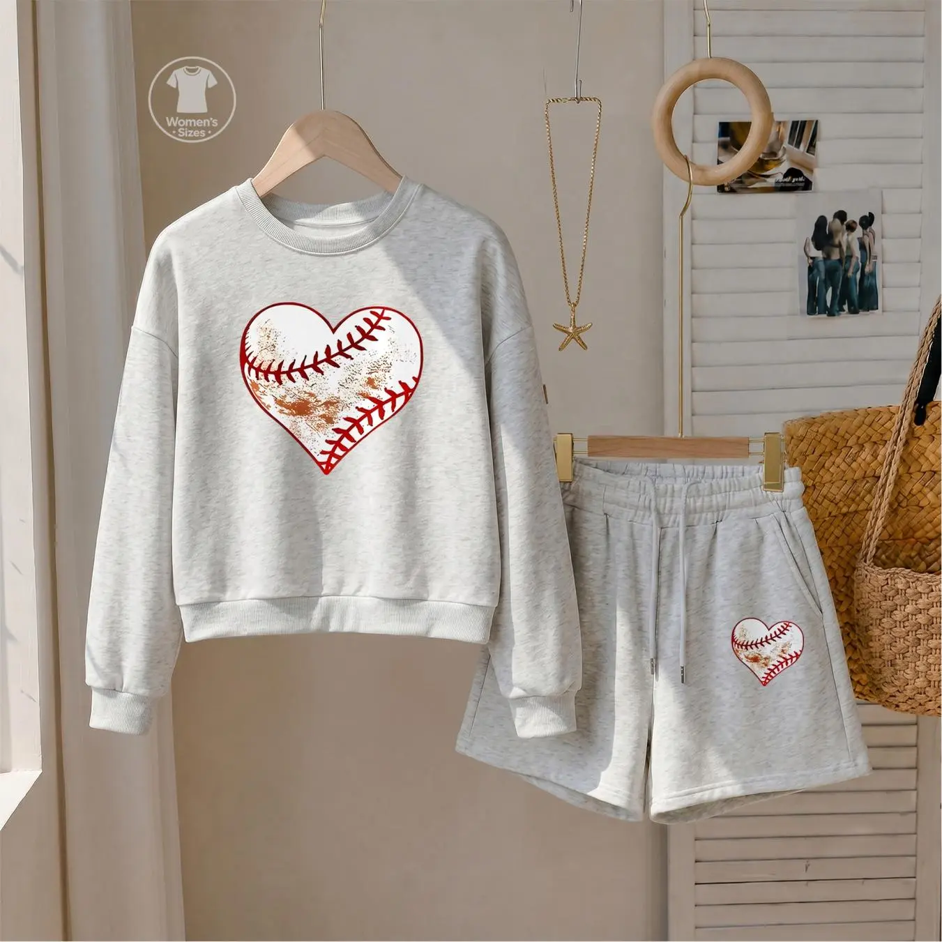 Women’s Baseball Heart Graphic Sweatshirt and Shorts Set, Casual 2 Piece Outfit, Long Sleeve Pullover Top and Drawstring Shorts Matching Set, Cute Sports Lover Loungewear for Daily Wear, Travel and Spring Fall