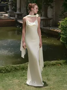 Elegant Satin Backless Dress with Draped Straps, Slim Stylish Evening Gown for Special Occasions, Women's Fashionable Party Wear