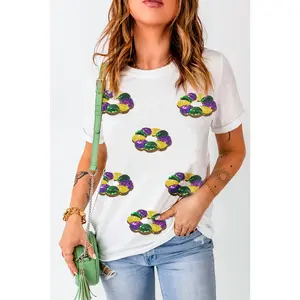 White Sequined Mardi Gras Pattern Crew Neck Short Sleeve Top