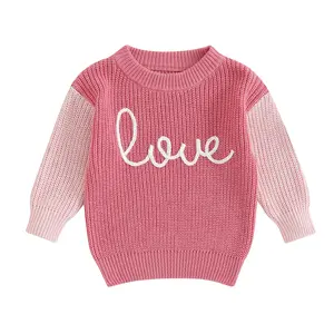 FOCUSNORM Girls Valentines Day Sweater Toddler Girl Valentines Day Outfit Love Embroidery Knit Pullover Sweatshirt Top