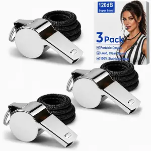 3 Pack Stainless Steel Whistles with Lanyard, Loud & Clear Sound Whistles for Coaches, Referees - Ideal for Soccer, Basketball, Gym, Outdoor Safety, , &