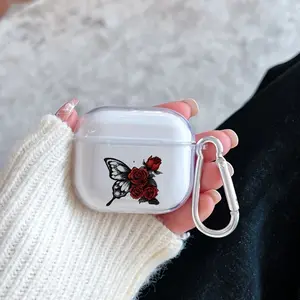 Rose Black Butterfly Pattern TPU Soft Protective Case for Apple AirPods 4/3/2/1/Pro/Pro2 Transparent Earphone Cover with Keychain Attachment