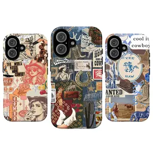 MagSafe Western Cowboy Collage Phone Case, Vintage Rustic Cowgirl Hat Revolver Horse Horseshoe Whimsical Aesthetic Cover, Wireless Charging Compatible for iPhone 11-17 Pro Max Plus Air