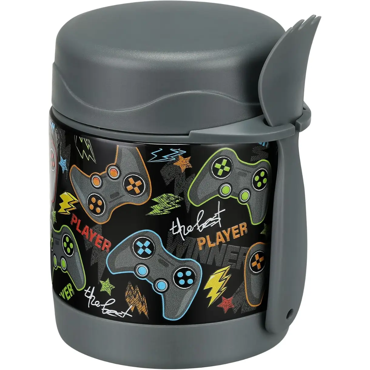 10oz Soup Thermo for Hot Food Kids Insulated Food Jar,Thermo Hot Food Lunch Container, Width Mouth Stainless Steel Lunch Box for Kids with Spoon (Black-Gamepad)