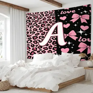 Y2K Pink Leopard Print Tapestry, Bow Heart Initial A-Z Tapestries, Sweet Girly Wall Hanging, Aesthetic Versatile Backdrop Decor, For Bedroom, Living Room, Dorm, Party, Photo Background, Great Gift for Teen Girls
